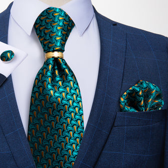 Peacock Blue Ginger Floral Silk Tie Pocket Square Cufflinks With Tie Ring Set