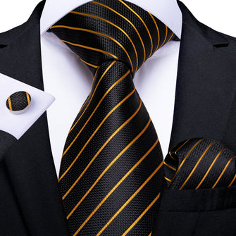 Black Yellow Striped Men's Tie Handkerchief Cufflinks Set