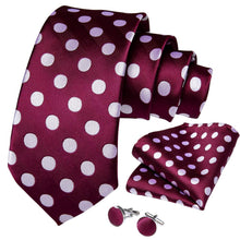 New Purple Red Big White Polka Dot Tie Pocket Square Cufflinks Set (4601526124625)