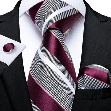 New Purplish Red Black White Stripe Tie Pocket Square Cufflinks Set (4601546342481)