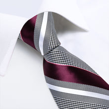 New Purplish Red Black White Stripe Tie Pocket Square Cufflinks Set (4601546342481)