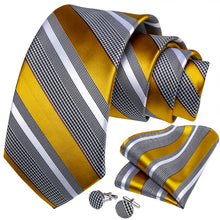 New Black White Yellow Stripe Tie Pocket Square Cufflinks Set (4601547587665)