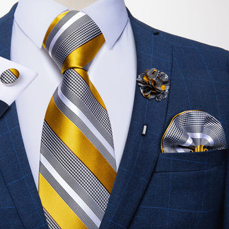 Yellow Grey Striped Silk Men's Necktie Handkerchief Cufflinks Set With Lapel Pin Brooch Set