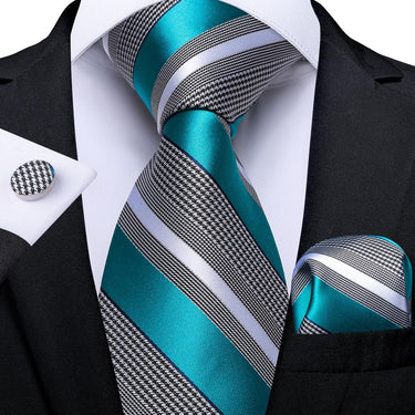 New Black White Cyan Blue Stripe Tie Pocket Square Cufflinks Set (4601548701777)