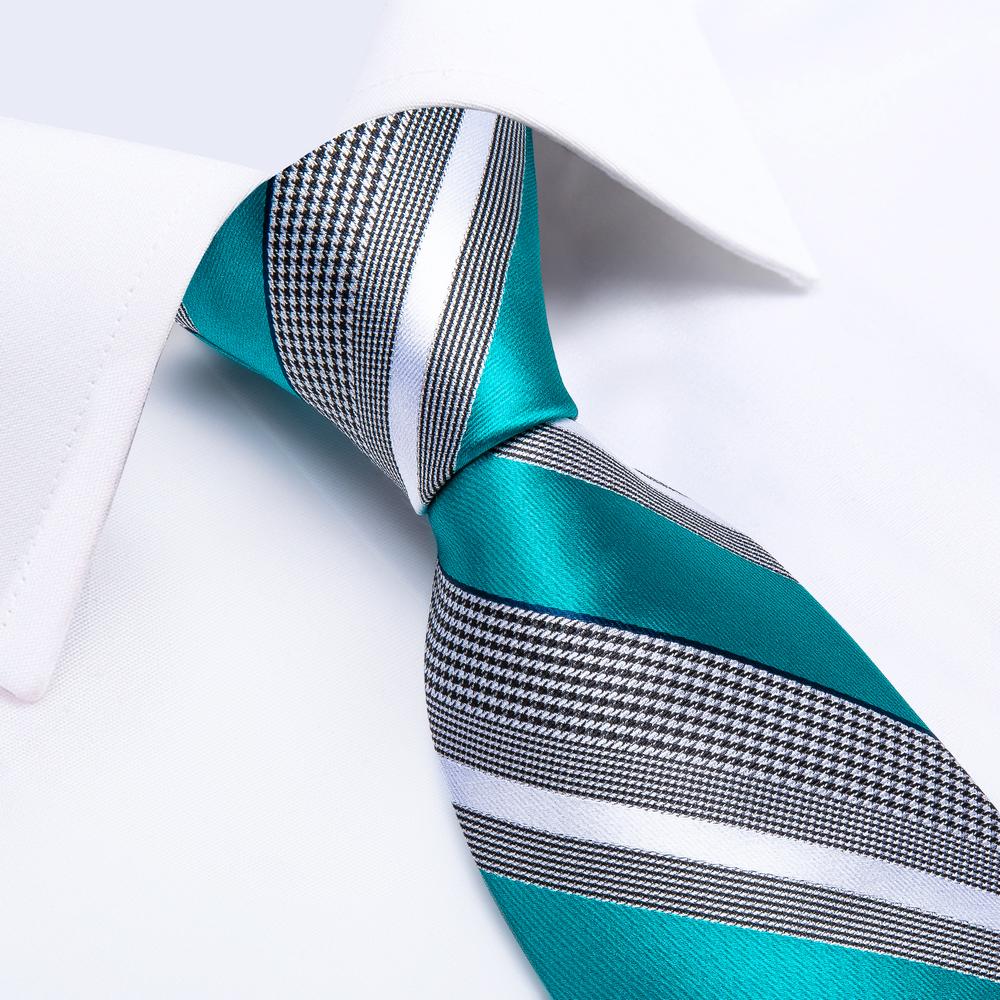 New Black White Cyan Blue Stripe Tie Pocket Square Cufflinks Set (4601548701777)