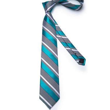 New Black White Cyan Blue Stripe Tie Pocket Square Cufflinks Set (4601548701777)