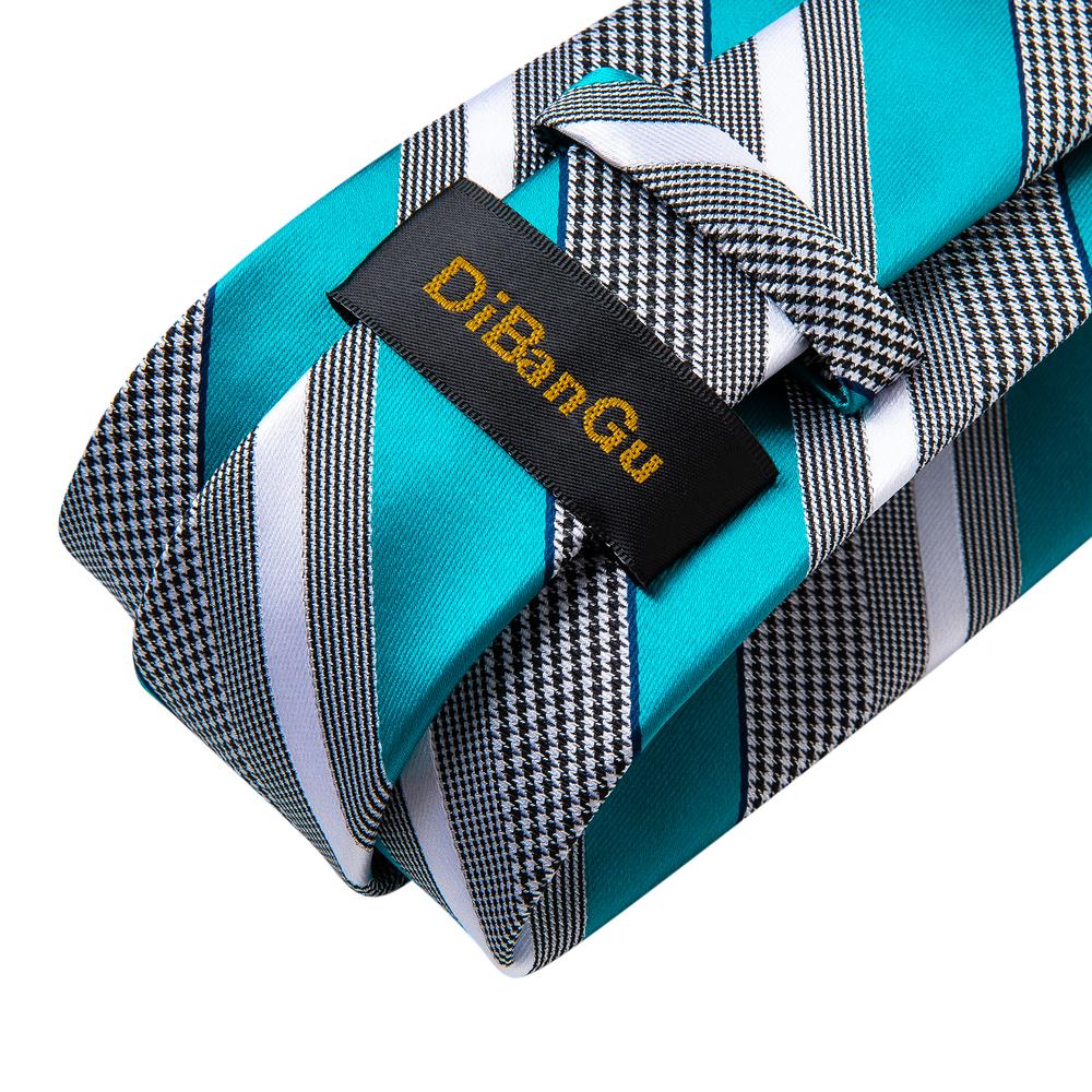 New Black White Cyan Blue Stripe Tie Pocket Square Cufflinks Set (4601548701777)