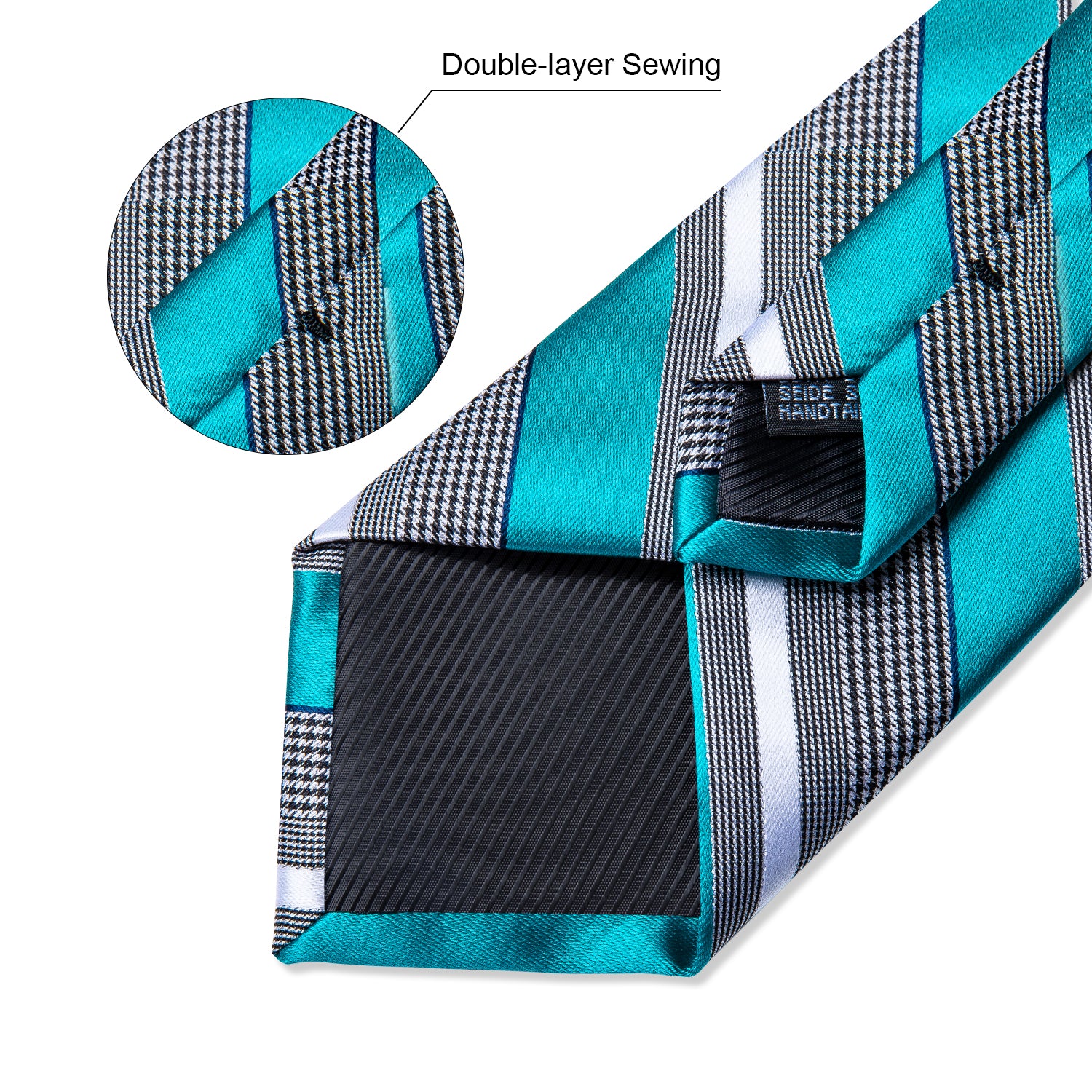 Black White Cyan Blue Stripe Tie Pocket Square Cufflinks Clip Set