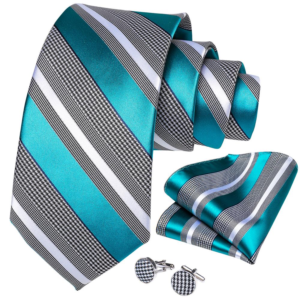 New Black White Cyan Blue Stripe Tie Pocket Square Cufflinks Set (4601548701777)