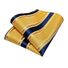 Yellow Blue Striped Silk Men's Necktie Handkerchief Cufflinks Set With Lapel Pin Brooch Set (4666101334097)