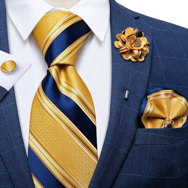 Yellow Blue Striped Silk Men's Necktie Handkerchief Cufflinks Set With Lapel Pin Brooch Set (4666101334097)