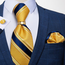 Gold Blue Striped Mens Suit Silk Tie Pocket Square Cufflinks with Tie Ring Set