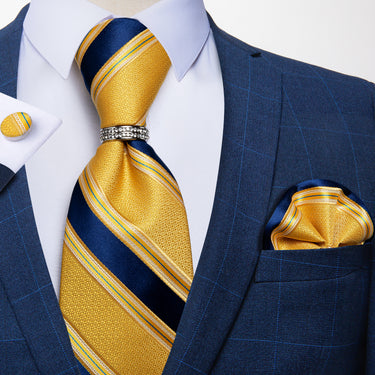 4PCS Yellow Blue Striped  Men's Tie Pocket Square Cufflinks with Tie Ring Set (4527281373265)