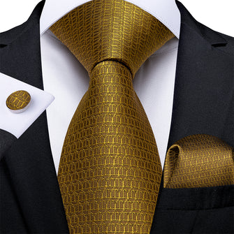 New Solid Golden Tie Pocket Square Cufflinks Set (4601550831697)