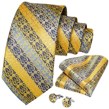 Yellow Blue  Floral Tie Pocket Square Cufflinks Set (4536100094033)