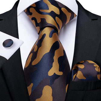 Blue Brown Silk Tie Handkerchief Cufflinks Set