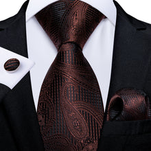New Brown Black Paisley Men's Tie Handkerchief Cufflinks Clip Set