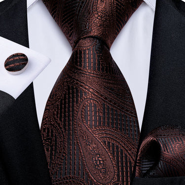 Brown Black Paisley Men's Tie Handkerchief Cufflinks Set