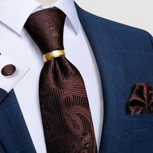 4PCS Brown Black Paisley Men's Silk Tie Handkerchief Cufflinks With Tie Ring Set