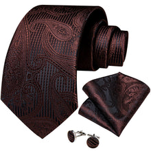 Brown Black Paisley Men's Tie Handkerchief Cufflinks Clip Set
