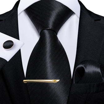New Novelty Black Solid Men's Tie Handkerchief Cufflinks Clip Set