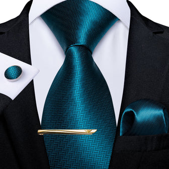 Novelty Blue Solid Men's Tie Handkerchief Cufflinks Clip Set