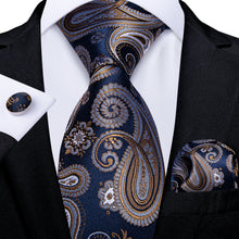 Brown Blue Paisley Men's Tie Handkerchief Cufflinks Clip Set