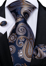 Brown Blue Paisley Men's Tie Handkerchief Cufflinks with Lapel Pin Brooch Set