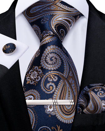 Brown Blue Paisley Men's Tie Handkerchief Cufflinks Clip Set