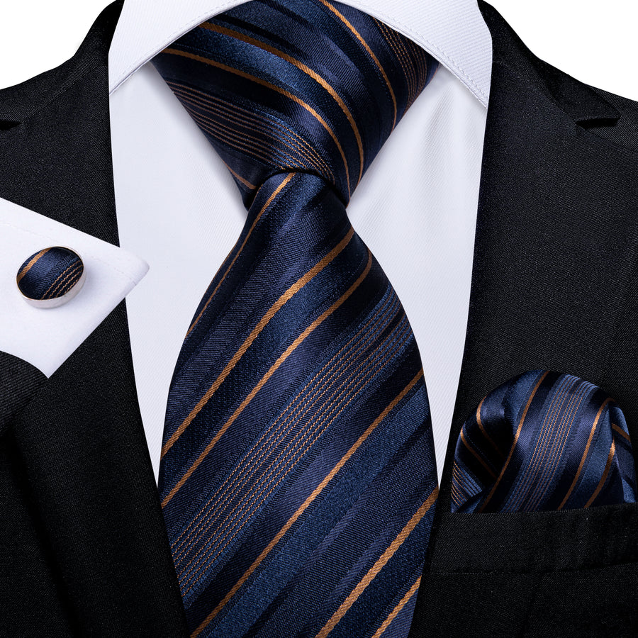 Navy-Blue Golden Striped Men's Tie Handkerchief Cufflinks Set– DiBanGuStore