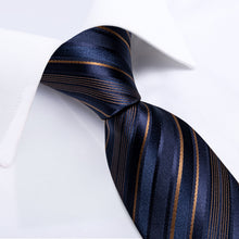 Navy-Blue Golden Striped Men's Tie Handkerchief Cufflinks Set