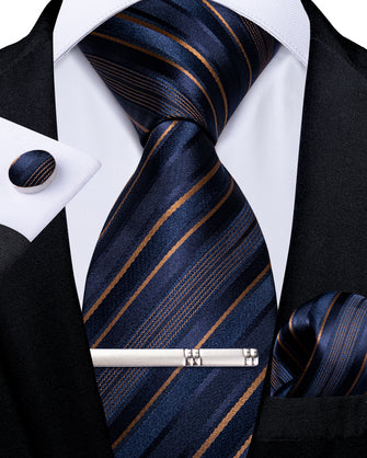 Navy-Blue Golden Striped Men's Tie Handkerchief Cufflinks Clip Set