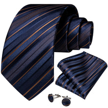 Navy-Blue Golden Striped Men's Tie Handkerchief Cufflinks Set