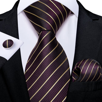 Purple Brown Striped Men's Tie Handkerchief Cufflinks Set