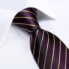 Purple Brown Striped Men's Tie Handkerchief Cufflinks Clip Set