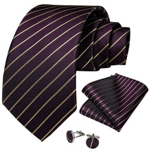 Purple Brown Striped Men's Tie Handkerchief Cufflinks Clip Set
