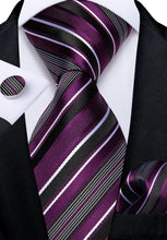 Purple Black White Striped Men's Tie Handkerchief Cufflinks Set