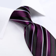 Purple White Black Striped Men's Tie Handkerchief Cufflinks Clip Set