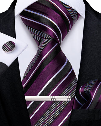 Purple White Black Striped Men's Tie Handkerchief Cufflinks Clip Set
