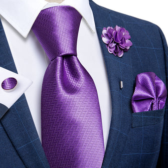 Lavender Purple Geometric Silk Men's Necktie Handkerchief Cufflinks Set With Lapel Pin Brooch Set