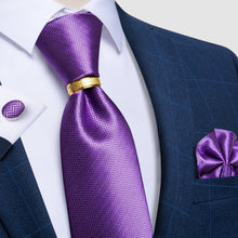 4PCS  Lavender Purple Geometric Men's Silk Tie Handkerchief Cufflinks With Tie Ring Set