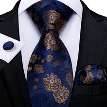 Blue Brown Floral Men's Tie Handkerchief Cufflinks Clip Set