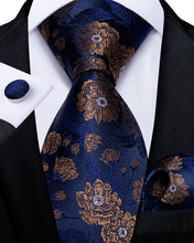 Blue Brown Floral  Men's Tie Handkerchief Cufflinks Set