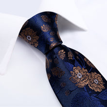 Blue Brown Floral  Men's Tie Handkerchief Cufflinks Set