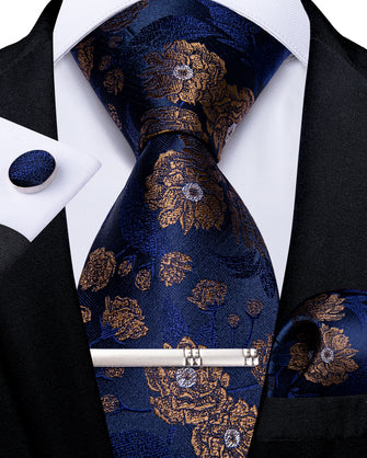 Blue Brown Floral Men's Tie Handkerchief Cufflinks Clip Set
