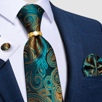 4PCS Blue Golden Paisely Silk Men's Tie Pocket Square Cufflinks with Tie Ring Set