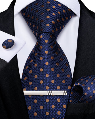 Blue Brown Polka Dot Men's Tie Handkerchief Cufflinks Clip Set
