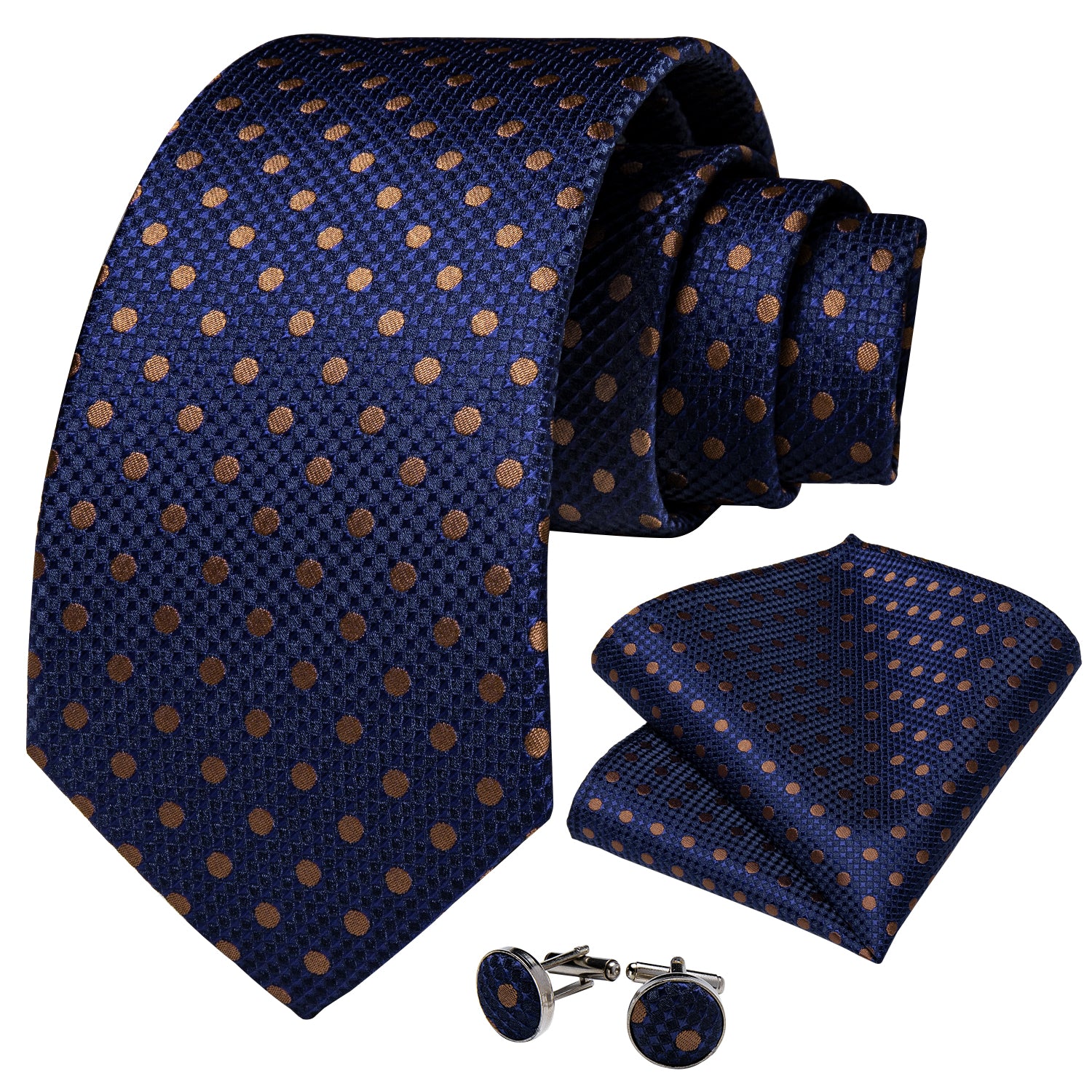 Blue Brown Polka Dot Men's Tie Handkerchief Cufflinks Clip Set