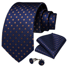 Blue Brown Polka Dot  Men's Tie Handkerchief Cufflinks Set