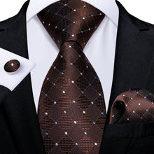 Brown White Plaid Men's Tie Handkerchief Cufflinks Clip Set